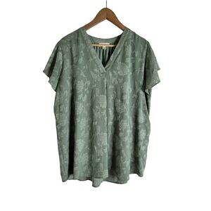 Tamara H. Sage Green Burnout Floral V-Neck Flutter Sleeve Blouse 1X